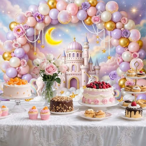 5X3ft Princess Castle Balloon Arch Backdrop Rainbow Clouds Unicorn Fairy Tale Photography Background for Birthday Wedding Baby Shower Cake Table Decoration Photo Booth Wall Decor Banner - color: Multi8, size: 5X3FT