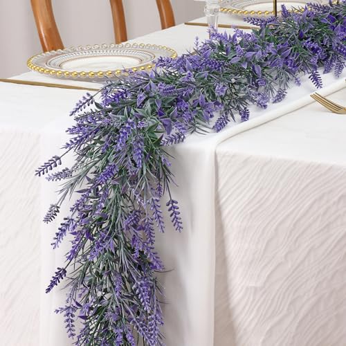 TOCHGREEN 6FT 2PCS Spring Summer Lavender Garland Artificial Purple Flower Garlands Faux All Year Lavender Garlands for Home Indoor Door Mantle Window Wall Arch Farmhouse Wedding Stair Table Decor - color: 2pcs