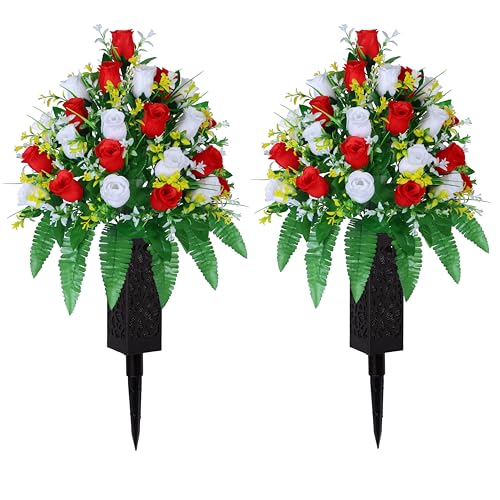 LVXINLI Artificial Cemetery Flowers, Gravesite Decoration Roses, Memorial Bouquets with Cemetery Vase, Vibrant and Long-Lasting Colors (Red + White, 2 Bundles) - color: Red + White