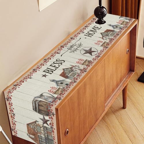 Farmhouse Table Runner, Rustic Western Texas Star Berries Cowboy Wooden Plank Barn Country Retro Coffee Table Center Decor for Family Kitchen Outdoor Farmhouse Holiday Party Table Decorations, 13"x36" - color: Texas-8, size: 13“ X 36"
