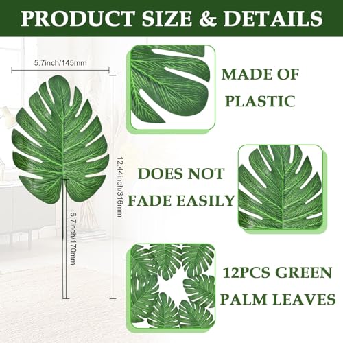 12Pcs Artificial Palm Leaves, Faux Tropical Monstera Realistic Safari Jungle Leaf for Hawaiian Luau Party, Wedding, Birthday, Jungle Beach Theme Decorations (Green) - size: 11.8*5.5 in