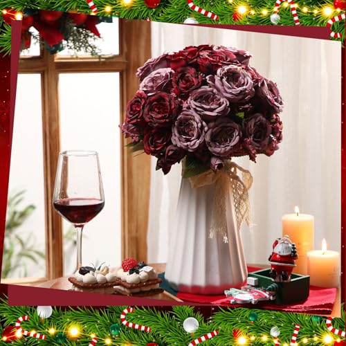 Geosar 8 Bundles Artificial Peonies Flowers Fake Silk Peony Bouquet Faux Peonies Flowers Bulk for Decoration Vase Floral Arrangements Wedding Party Table (Wine Red,Gray) - color: Wine Red, Gray