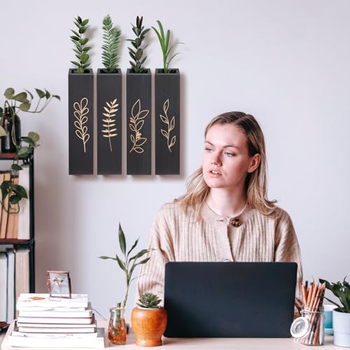 Wood Wall Planter, Farmhouse 4 Pack Indoor Pocket Wall Vases Decor for Living Room Bedroom Dried Flowers Faux Greenery Plants (Black) - color: Black