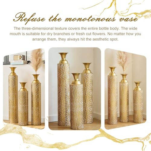 Tall Floor Vases Set of 3 for Decor Living Room Floor, Gold Vases Home Decor, Embossed Body Pattern, 33.85" H/29.13" H/24.8" H Geometric Cylinder (Gold 4) - color: Gold 4