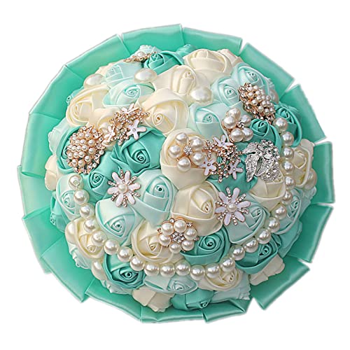 Mint Green and Ivory Bridal Wedding Bouquet with Rhinestone Brooch Pearl Bouquet for Bride Bridesmaid Quinceanera Satin Rose Flower Bouquet Wedding 9.5in - color: Mint Green & Ivory, size: Diameter: 9.5 inches