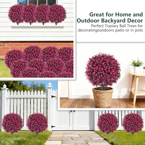 2 Pack 25" Artificial Red Eucalyptus Topiary Ball Tree for Outdoors Faux Evergreen Shrubs Plants with Ground Spike UV Resistant Fake Bushes Ball Trees for Outdoor Indoor Home Porch Patio Decoration - color: Red Eucalyptus