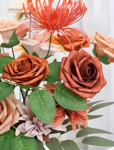 25pcs Artificial Flower，Real Looking Foam Roses w/Stem for DIY Wedding Bouquets Centerpieces Bridal Shower Party Decor-Shades of Burnt Orange - color: Shades of Burnt Orange