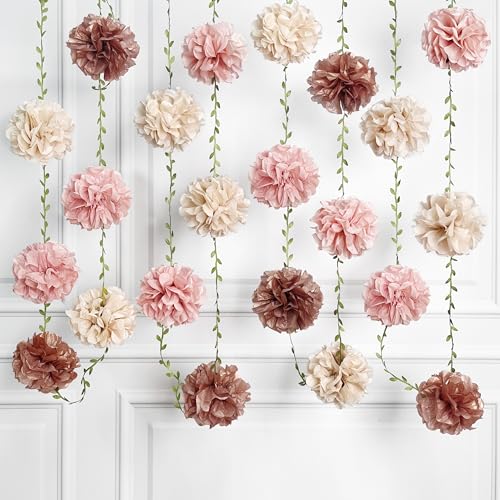 Dusty Pink Party Decorations Rose Gold Dusty Pink Beige Tissue Paper Flowers Pom Pom with Leaf Ribbon Hanging Garland Streamer for Birthday Baby Shower Wedding Bridal Shower Engagement Party Supplies - color: Dusty Pink