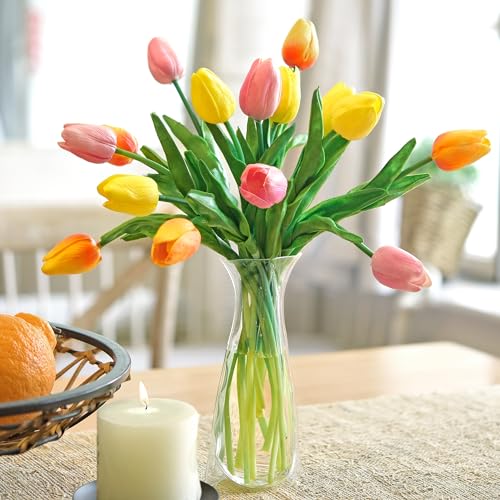 FiveSeasonStuff Real Touch Tulips – 15 Stems Artificial Stems Flowers with Collapsible PVC Vase (Orange, Yellow, Pink) for Home Décor, Gifts, Weddings & Spring Floral Arrangements - color: Festive Bloom With Vase
