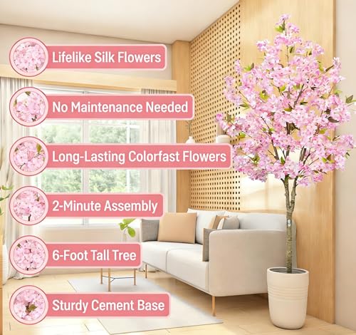 6FT Cherry Blossom Tree Artificial - Flower Trees Tall Artificial Plant, Large Pink Sakura Blossom Flowers Tree for Living Room Porch Entryway Office Decorations Indoor Outdoor