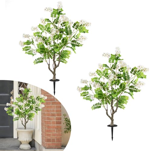 Goplus 2 Pack Artificial Locust Flower Trees, 39” Fake Evergreen Shrubs with Ground Spikes, Sophora Japonica Blossoms, Sun-Proof Indoor & Outdoor Faux Silk Plants for Home Garden Decoration, White - color: White Flowers