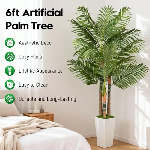 6ft Artificial Palm Tree Indoor Plant，Triple Faux Tropical Areca Floor Plant in Pot，Artificial Plants with Lifelike Leaves for Home Office Decor - color: White, size: 6ft