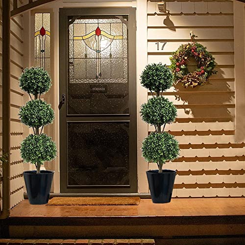 Damomo Artificial Topiary Ball Tree Outdoor, 4.6ft Fake Topiaries Triple Ball Trees(1 Pieces) Faux Boxwood Plants Potted Green Decorative Indoor or Garden（56inch） - size: 4ft 8in
