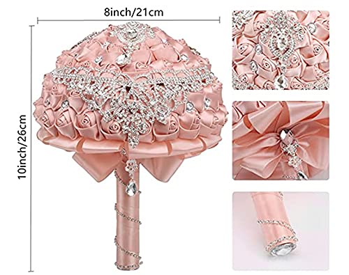 Handmade Luxury Wedding Bridal Bouquet Large Silk Rose Holding Toss Artificial Flowers Bouquets with Satin Ribbon Pearls Rhinestone for Bride Vintage Royal Wedding Bouquet (Champagne Pink) - color: Champagne Pink