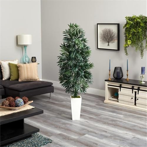 Pemberly Row 60" Artificial Bamboo Palm Plant, Green Foliage, White Planter with Moss, Lifelike Indoor Faux Floral Decor, 5 Ft Tall, Relaxing Accent for Sun Room or Home