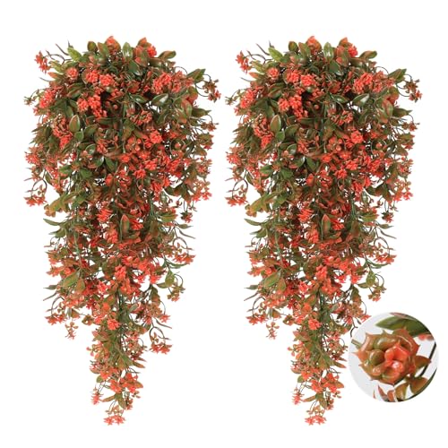 RECUTMS 2Pcs Artificial Fall Hanging Flowers for Outdoors Decoration Fake Fall Flowers Plants Faux UV Resistant Plastic Greenery Vines for Outdoor Garden Front Porch Thanksgiving Decor（Autumn Red） - color: Autumn Red-rose