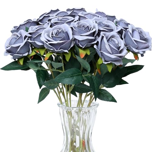 SITUMEIZI 15PCS Artificial Roses Silk Flowers Fake Roses Realistic Bouquet Long Stem with Gift Box for Mother's Gift Day Home Party Wedding Decorations(Silver) - color: Silver