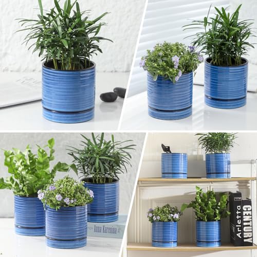 HASENSE Ceramic Plant Pots with Saucers Set of 4, 4.6 Inch Planters for Indoor Plants with Drainage Holes,Blue Flower Pots for Snake Plants & Cactus, Modern Farmhouse Windowsill & Tabletop Decor - color: Blue