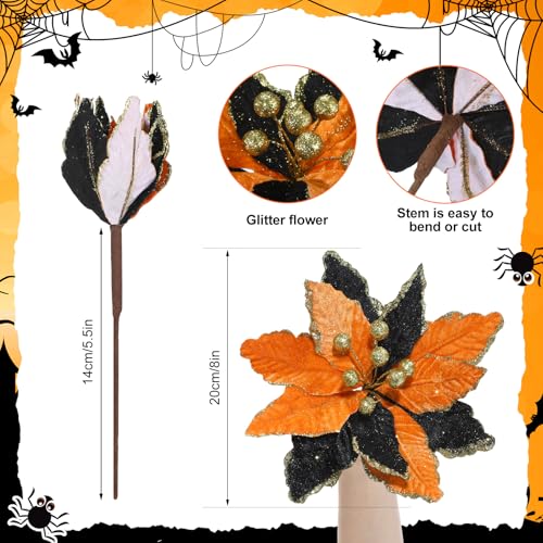 Giegxin 8 Pcs 8'' Halloween Black Orange Flowers Poinsettia Flowers Halloween Artificial Poinsettia Stems Velvet Black Orange Ornaments Fold Floral for Holiday Party Decorations - color: Black Orange