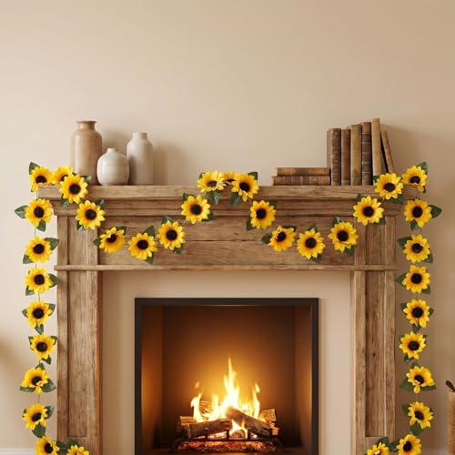 4 Pack Artificial Sunflower Garland Silk Sunflower Decor 2.3m Long with Green Leaves and Fade Resistant Petals for Wedding | Sunflowers Decorations for Garden Party Wall Home Floral Arrangement