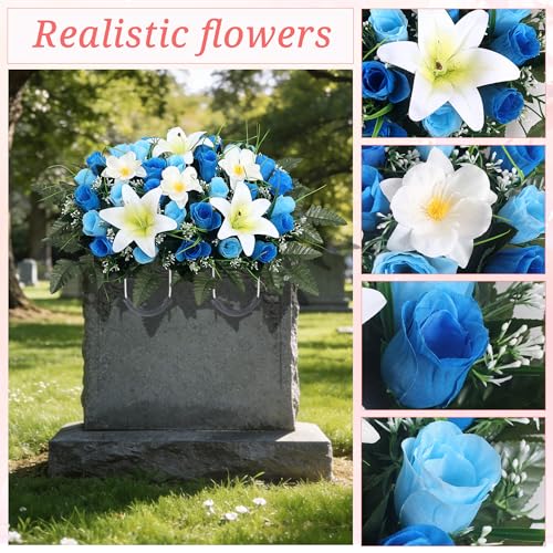 Cemetery Flower Saddle - Grave Flowers for Cemetery,Artificial Rose, Lily & Orchid Arrangement for Headstone - All-Weather Grave Decor for Outdoor Tombstone Headstone Decorations (Blue) - color: Blue