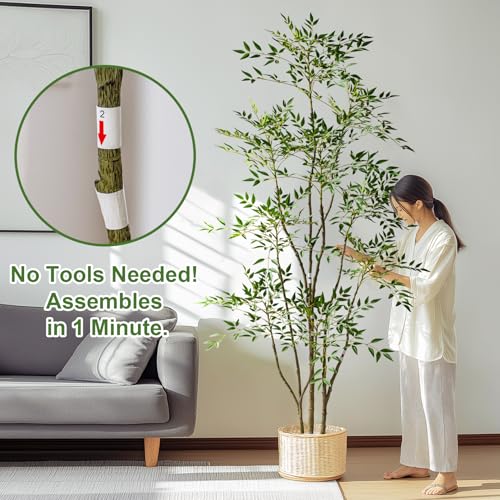 7.2ft Faux Bamboo Tree Artificial Nandina Tree Artificial Indoor Plants Realistic Fake Potted Tree with 800+ Leaves, Cement Planter - Home Office Decor Perfect for Housewarming Gift Non-Toxic - color: Green, size: 7ft 2in