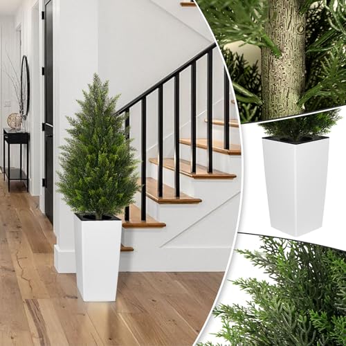 4FT Tall Artificial Cedar Topiary Tree with Compact Pyramidal Shape, Realistic Faux Cypress in Square White Pot with Fillable Water Bag, Outdoor Evergreen for Front Porch Garden Home Decor - color: White-pyramid Topiary, size: 4ft-1pack