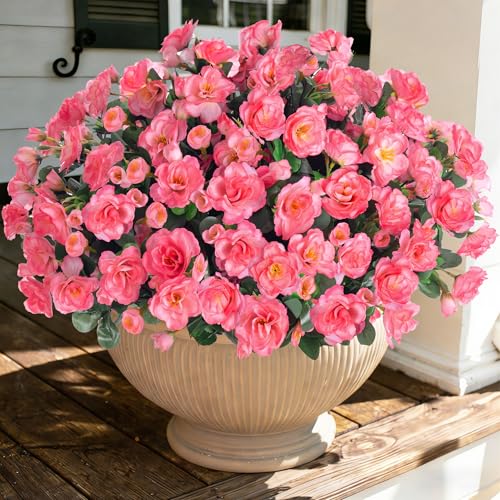 Artificial Faux Flowers Plants for Outdoor Outside Spring Decoration, Fake Silk Pink Camellia UV Resistant Realistic for Planter Pot Porch Patio Balcony Garden Yard Home Decor, 3 Large Bundles - color: Pink 2