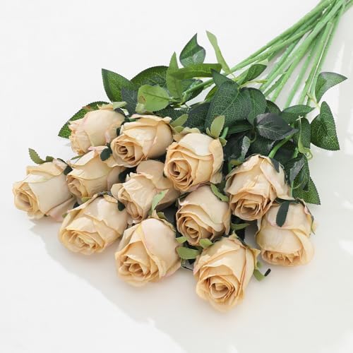 12Pcs Realistic Fake Champagne Roses Faux Flowers with Long Stems, Artificial Silk Rose Flowers for Valentines Day Home Wedding Decor Bridal Bouquet - color: Champaign
