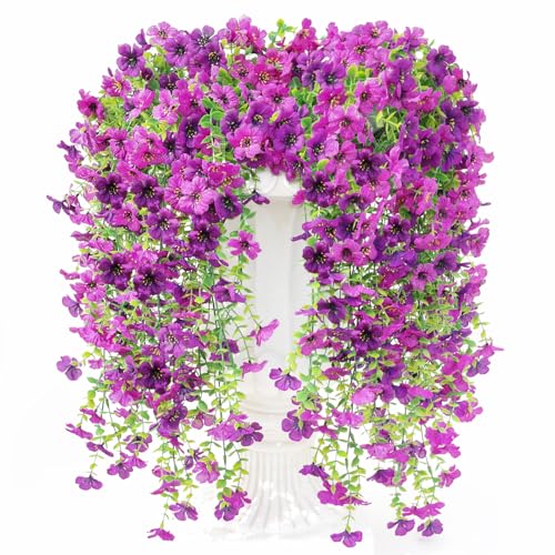 Artificial Fake Hanging Flowers Plants for Outdoor Spring Decoration,6 PCS Faux Silk Daisy with Eucalyptus Leaves,UV Resistant Look Real for Outside Home Indoor Planter Porch Patio Balcony Yard Decor - color: Mix Deep Purple & Purple, size: 6 pcs
