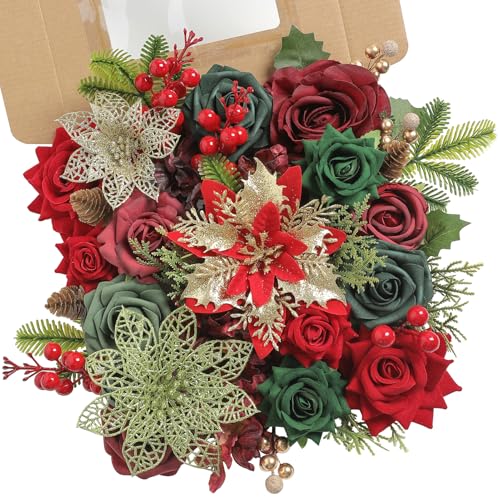 YYHUAWU Christmas Flowers Artificial,Poinsettias Artificial Christmas Flowers and Mix Silk Flowers Fake Roses Combo for DIY Wedding Bridal Bouquet, Centerpieces, Home, Floral Arrangement Decor, etc. - color: Chrismas Red