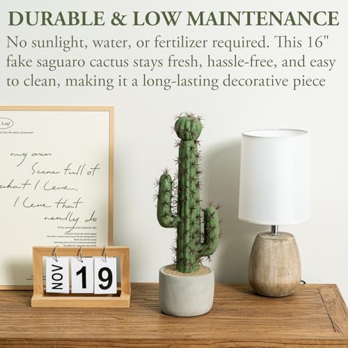 MyGift 16 Inch Artificial Fake Cactus Saguaro Plant in Cement Planter Pot, Southwest Decor Indoor Faux House Plant