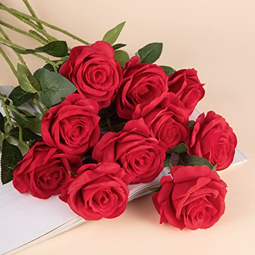 10pcs Red Silk Roses Artificial Rose Flowers Long Stem for DIY Wedding Bouquet Table Centerpiece Home Décor - color: X-red