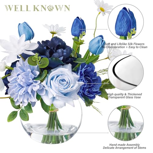 WELL KNOWN Artificial Flowers with Vase, Faux Silk Rose Tulip Flower Arrangements in Glass Vase with Fake Water for Home House Warming Party Wedding Birthday Dining Table Decor & Gift (Mixed Blue) - color: Mixed Blue
