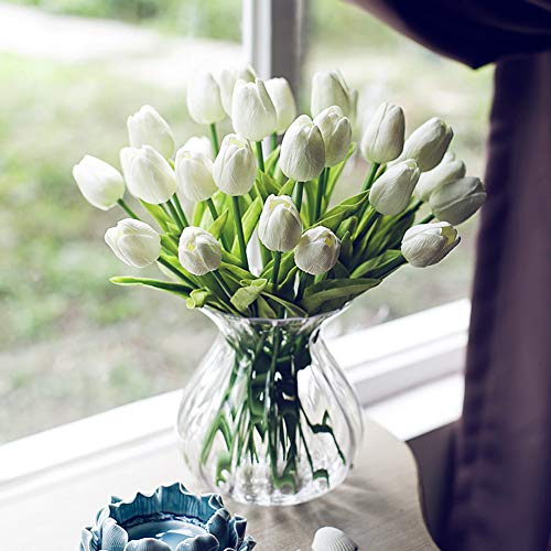 AMZALI Artificial Flowers Real Touch Mini PU Tulips Bouquet Fake Tulips Flowers Arrangement Artificial Plants for Wedding Centerpiece Room Home Hotel Party Event Christmas Decor Cream White Set of 20 - color: Cream White, size: 20PCS