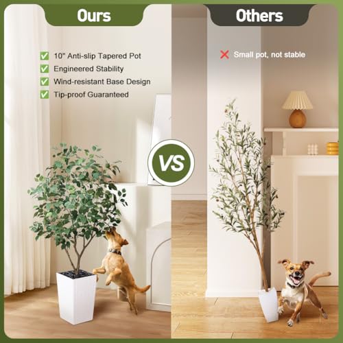 VeriNatural 5FT Artificial Ficus Tree with White Taper Planter & Pebbles– Tall Faux Trees with UV Resistant Silk Leaves for Indoor Outdoor - Potted Fake Floor Plants for Home Office Room Decor, VN128