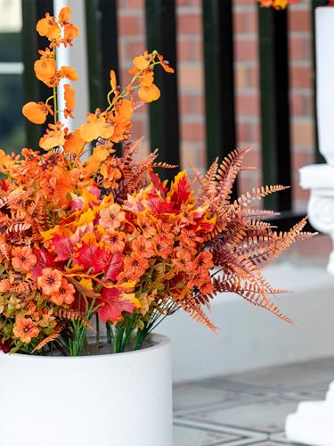 Green Moon 17PCS Artificial Fall Flowers Outdoors, Faux Orchids & Mums | UV Resistant Artificial Flowers for Outdoors Garden Patio Porch, Thanksgiving Autumn Decor Fall Decorations for Home - color: Orange Orchid