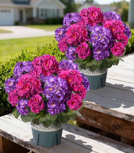 Geraniums Artificial Flowers for Outdoors, 2 Pack Potted Plants Fake Geranium Bush Realistic Fake Flowers Greenery UV Resistant Faux Flowers for Outdoor Planters Outside Gardens Front Door Indoor, Mix - color: 6 Purple, 6 Fuchsia
