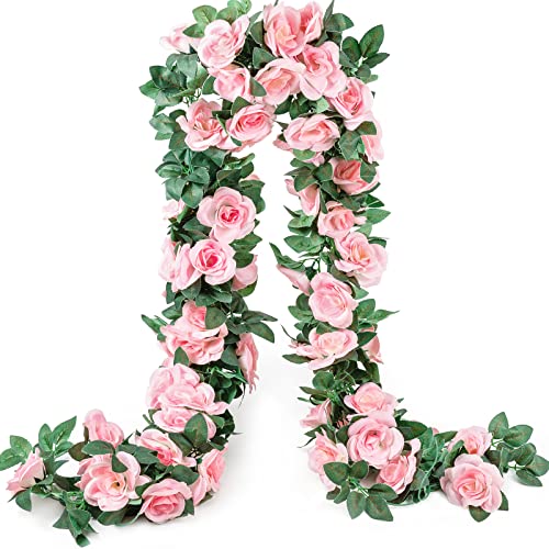 2 Pack Artificial Pink Rose Garland Vine - Total 16FT Silk Fake Blush Pink Rose Flower Hanging Vine for Wedding Arch Home Wall Decor Valentine's Day Mother's Day Baby Shower Party - color: Pink