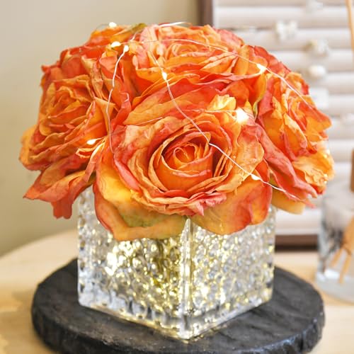 Artificial Rose in Glass Vase Vintage Silk Flower Arrangement with LED Light for Table Centerpiece Home Wedding Decoration (Orange) - color: Orange