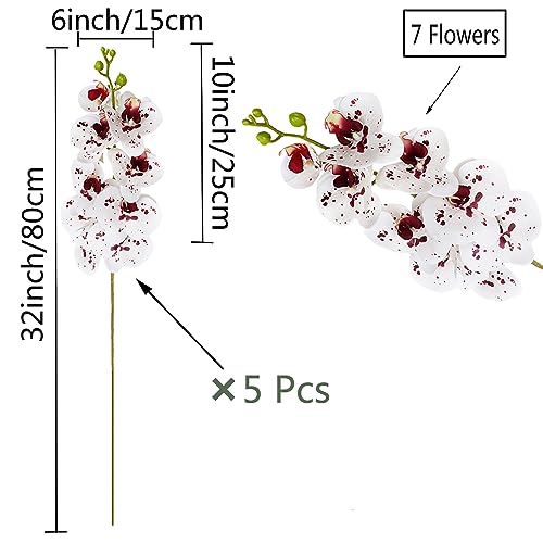 HinyoCo 5 Pcs Artificial Orchid Flowers,Artificial Phalaenopsis Flowers 32 Inch Stem Plants for Home Wedding Decoration (White with Spots) - color: White With Spots