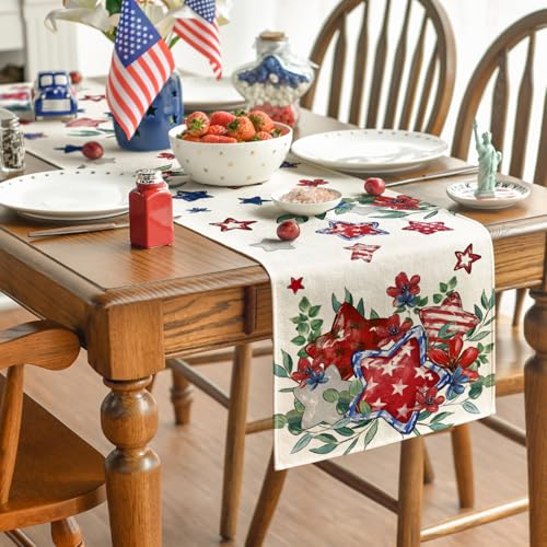 Artoid Mode Red Eucalyptus Flowers Stars Patriotic 210 GSM 4th of July Table Runner, Memorial Day Kitchen Dining Table Decoration for Home Party Decor 13x72 Inch - color: Red, size: 13" x 72", Table Runner