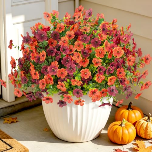 ADXORA 12 Bundles Fake Artificial Mums Fall Flowers for Outdoor Decoration Faux Silk Flowers for Outdoor Planters UV Resistant Colorful Violets Eucalyptus for Home Porch Patio Yard Décor - color: Green Leaves-brown, Orange
