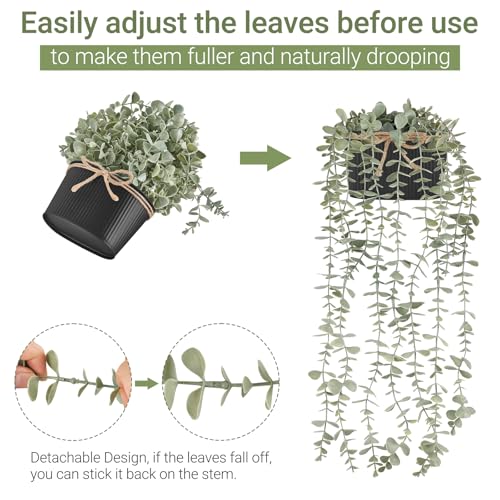 Mkono Fake Hanging Plants in Farmhouse Galvanized Pots Rustic Faux Potted Eucalyptus Greenery Indoor Artificial Plants for Book Shelf Mantel Living Room Bathroom Bedroom Home Office Decor (1, Black) - color: Black