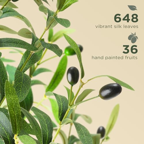 WILDLOVE Fake Olive Tree Artificial Indoor, Potted Faux Olive Trees with Natural Wood Trunk & Lifelike Fruits for Home Office Decor (5ft) - size: 5ft