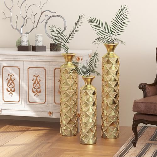 Floor Vases, Tall Home Decor Metal Vase Set of 3 Large Glazed Decorative Vases for Wedding Decor, Elegant Modern Flower Holder for Living Room, Entryway, Hallway - color: Geo Gold