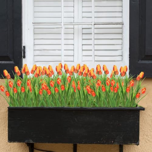 10 Bundles Artificial Tulips Flowers Outdoor,16.5 inch UV Resistant Fake Tulips Real Touch Flowers,Faux Tulips Realistic Flowers for Home Garden Outside Wedding Decor (Orange) - color: Orange