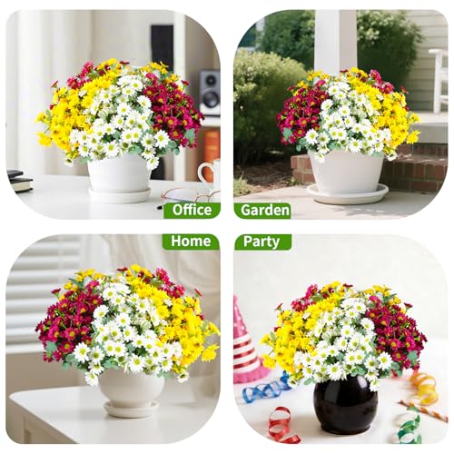 12 Bundles Artificial Daisies Flowers Outdoor Fake Plants Fake Foliage Greenery Faux Plants for Graves Hanging Outside Planter Window Box Wedding Decoration - color: White ,Yellow , Rose Red