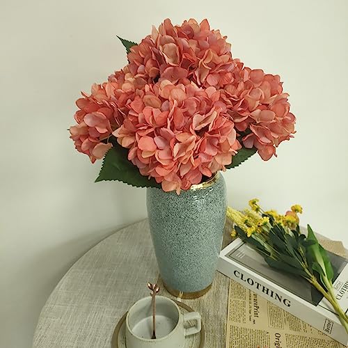 Coral Hydrangea Artificial Flowers,6 Pcs Faux Hydrangea Flowers,Artificial Hydrangeas Flowers with Stems,Fake Hydrangeas, Silk Flowers Color with Stems for Home Decor (6, Coral) - color: Coral