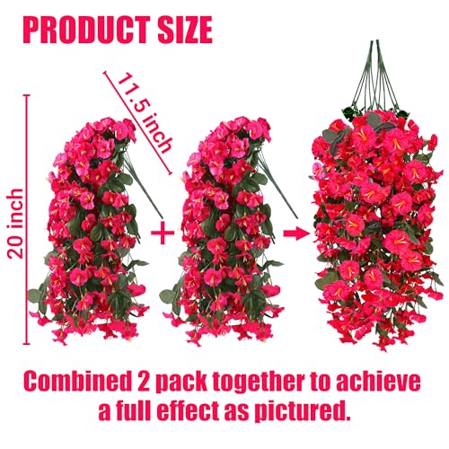 Sggvecsy Artificial Fake Hanging Flowers Plants for Outdoor Outside Spring Summer Decoration 4PCS Faux Silk UV Resistant Realistic Morning Glory Trailing Vines for Home Porch Patio Balcony(Rose red) - color: Rose Red, size: 4Pcs